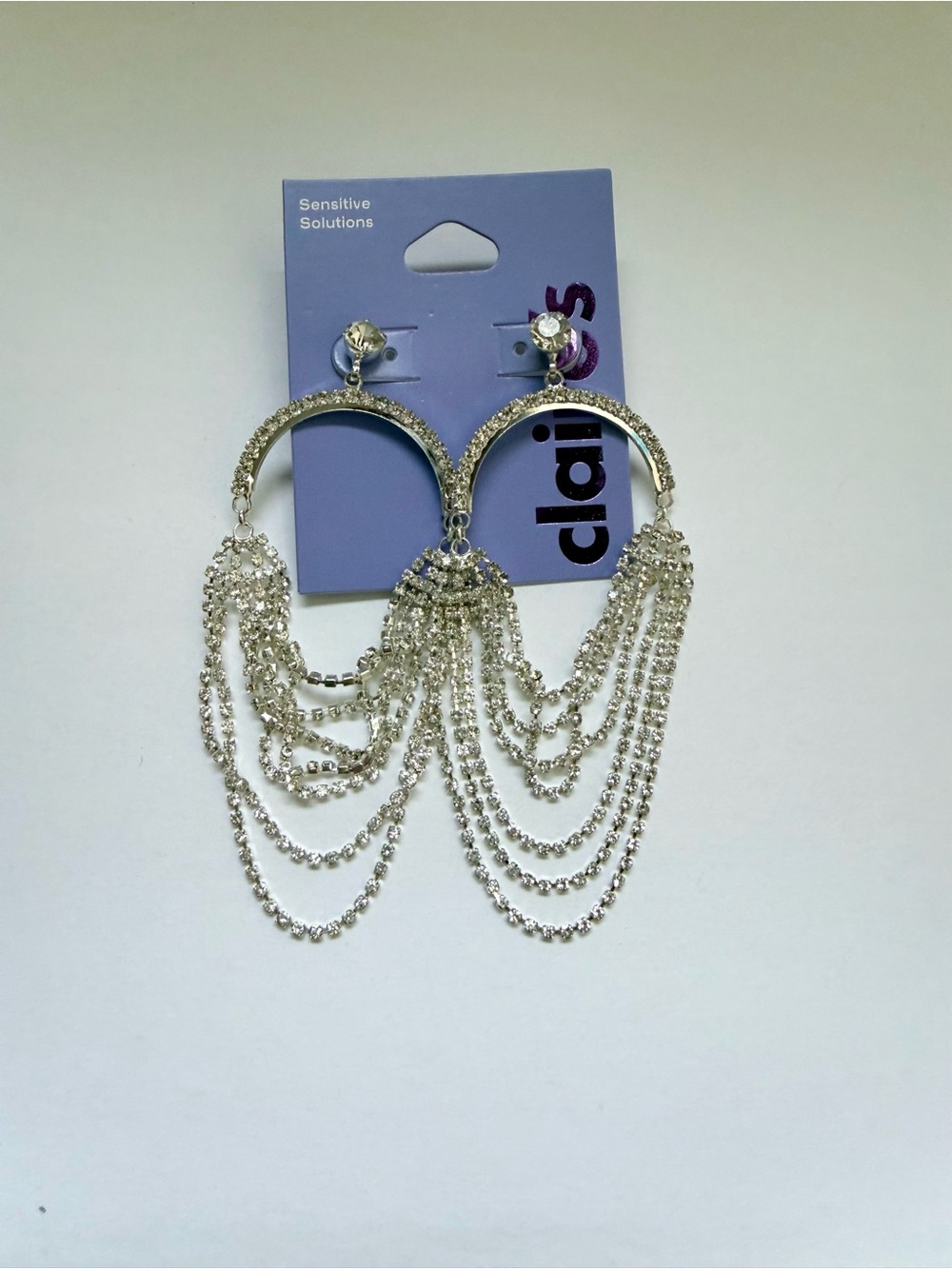 Claire's Silver-Tone Rhinestone Hoop Chain Fringe Earrings